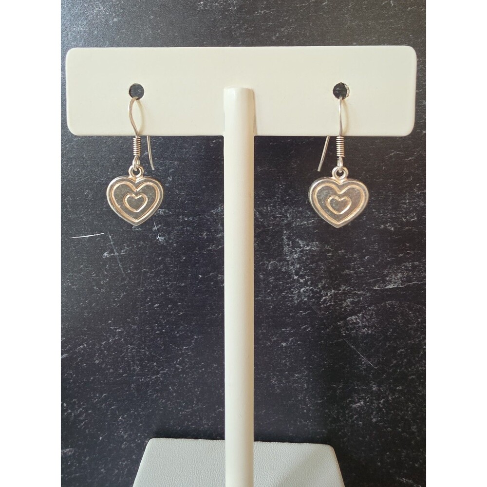 925 Sterling Silver Heart-shaped Dangling Pierced Earrings Vintage